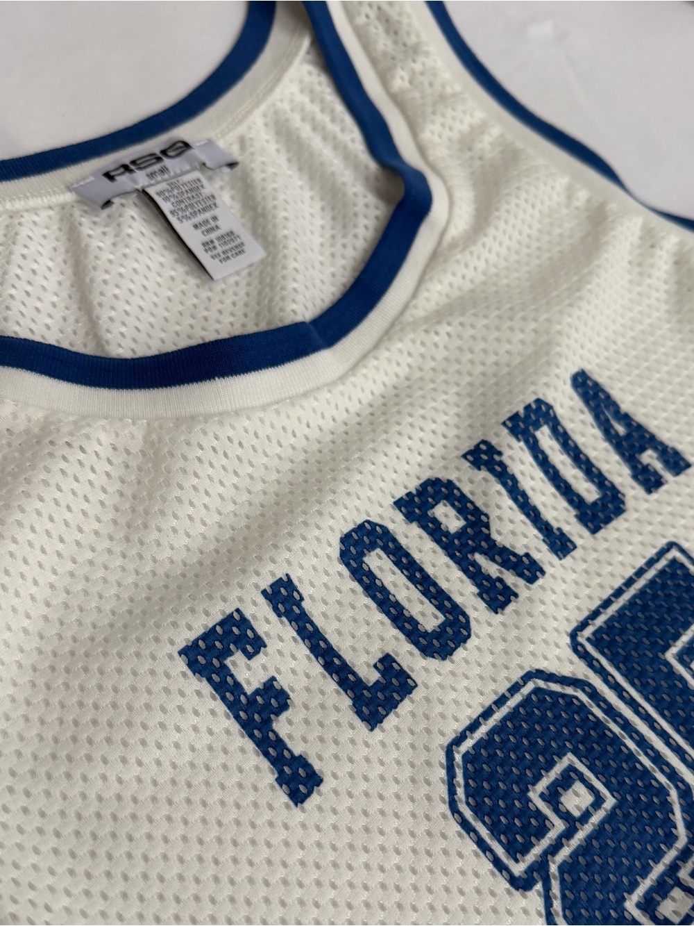 NEW RSQ White Mesh Tank crop top with Blue Trim and Blue Lettering